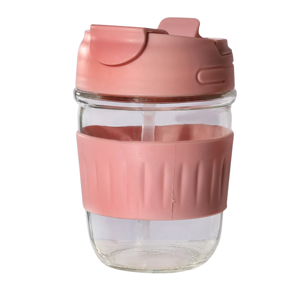 Allo Reusable Glass Tumbler with Unique 2 in 1 ANTI Spill Lid | Portable Leakproof Glass Coffee Mug 350ML