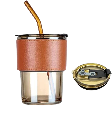 Leather Mug with Straw and lid Coffee Cup Sipper Glass